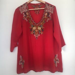 Johnny Was floral embroidered linen blouse